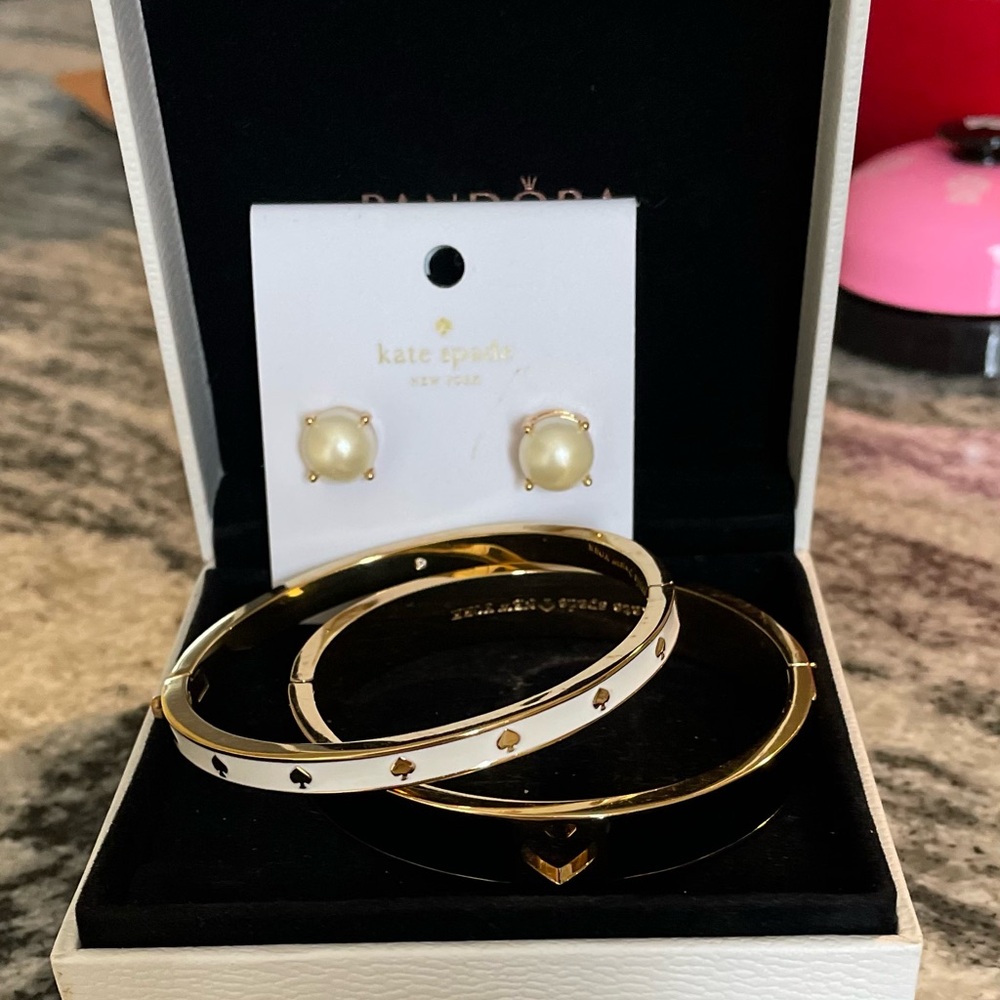 Kate Spade Gold and White Earrings with Bangle Set (Bundle)
